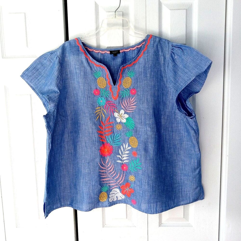 TALBOTS 3X Petite 3XP Embroidered Split Neck Top Linen Cotton Blue